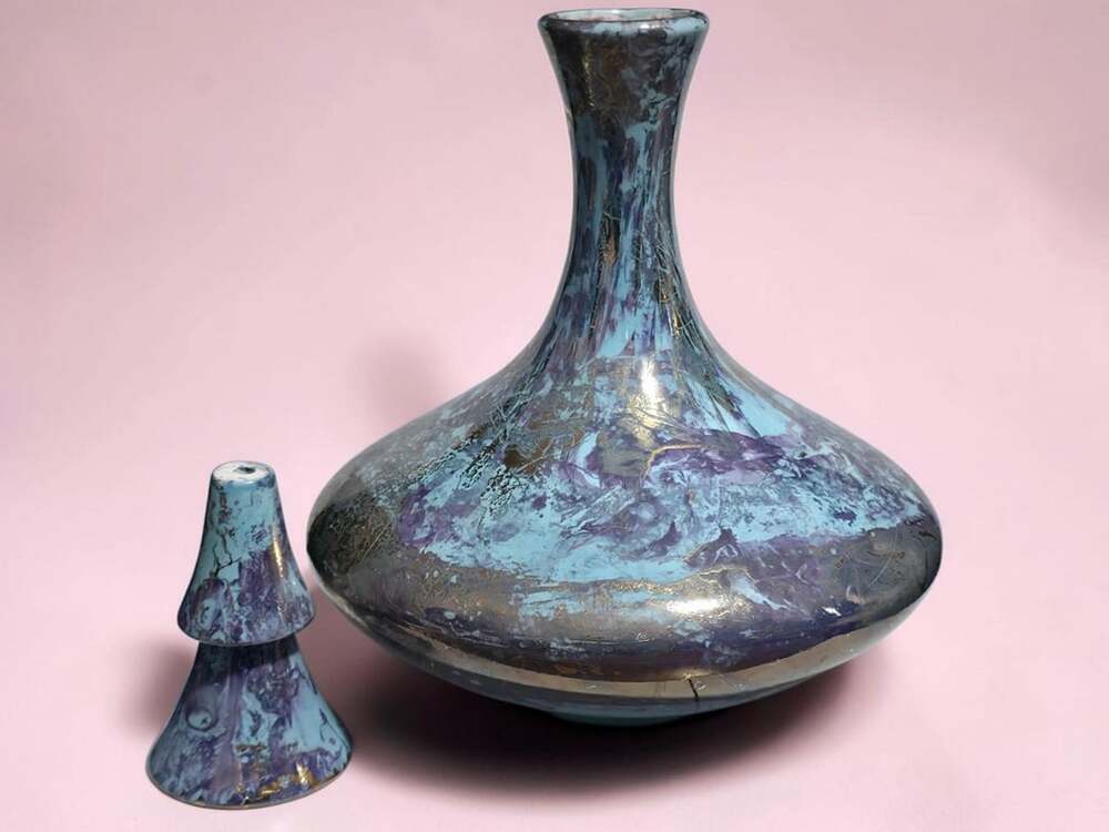 MCM Ceramic Decanter & Stopper • Turquoise Purple Gold Marbled Drip Glaze eVIC